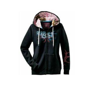 Cabela's Women's Varsity Full-Zip Hoodie Black w/ Pink Camo Deer Skull SMALL NWT